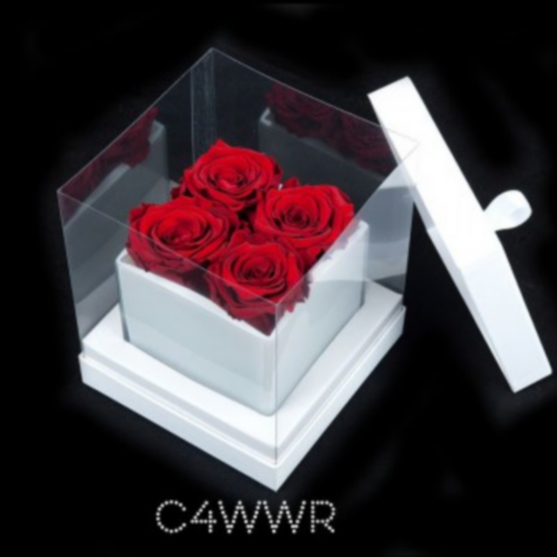 Cube blanc 4 roses rouges (boîte blanche)