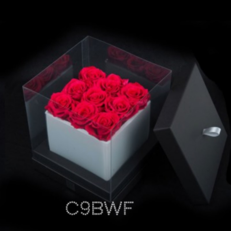 cube blanc 9 roses fushias boite noire