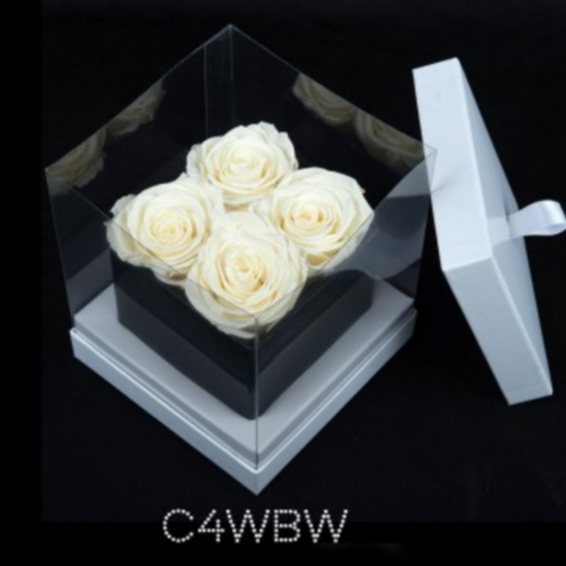 4 White Roses Black Cube