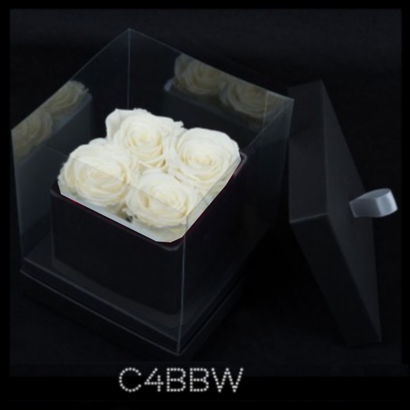 4 White Roses Black Cube