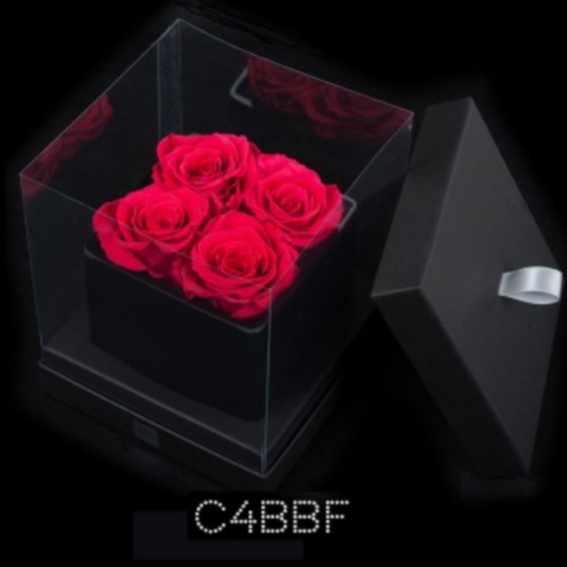 cube noir 4 roses fushias boite noire