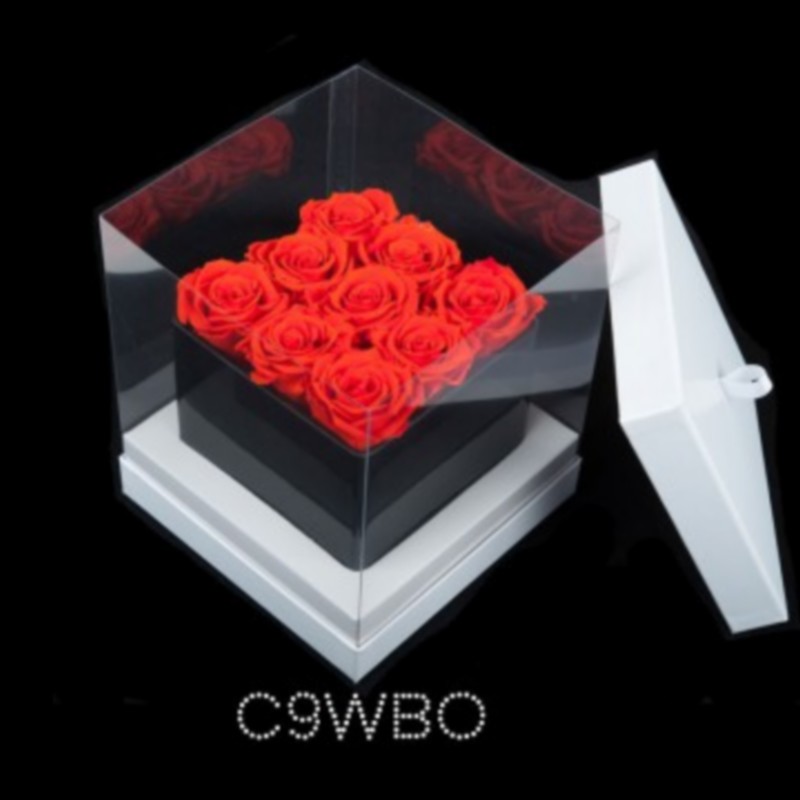 9 Orange Roses Black Cube